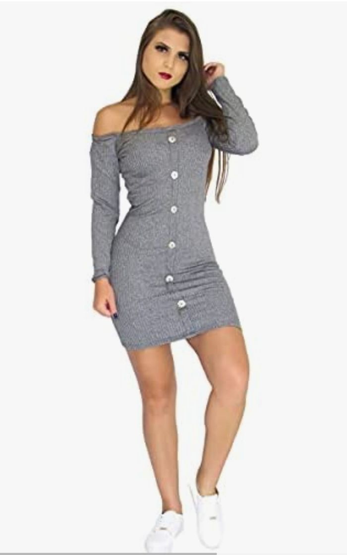 Fashion Vestido Canelado Feminino Manga Longa Com 