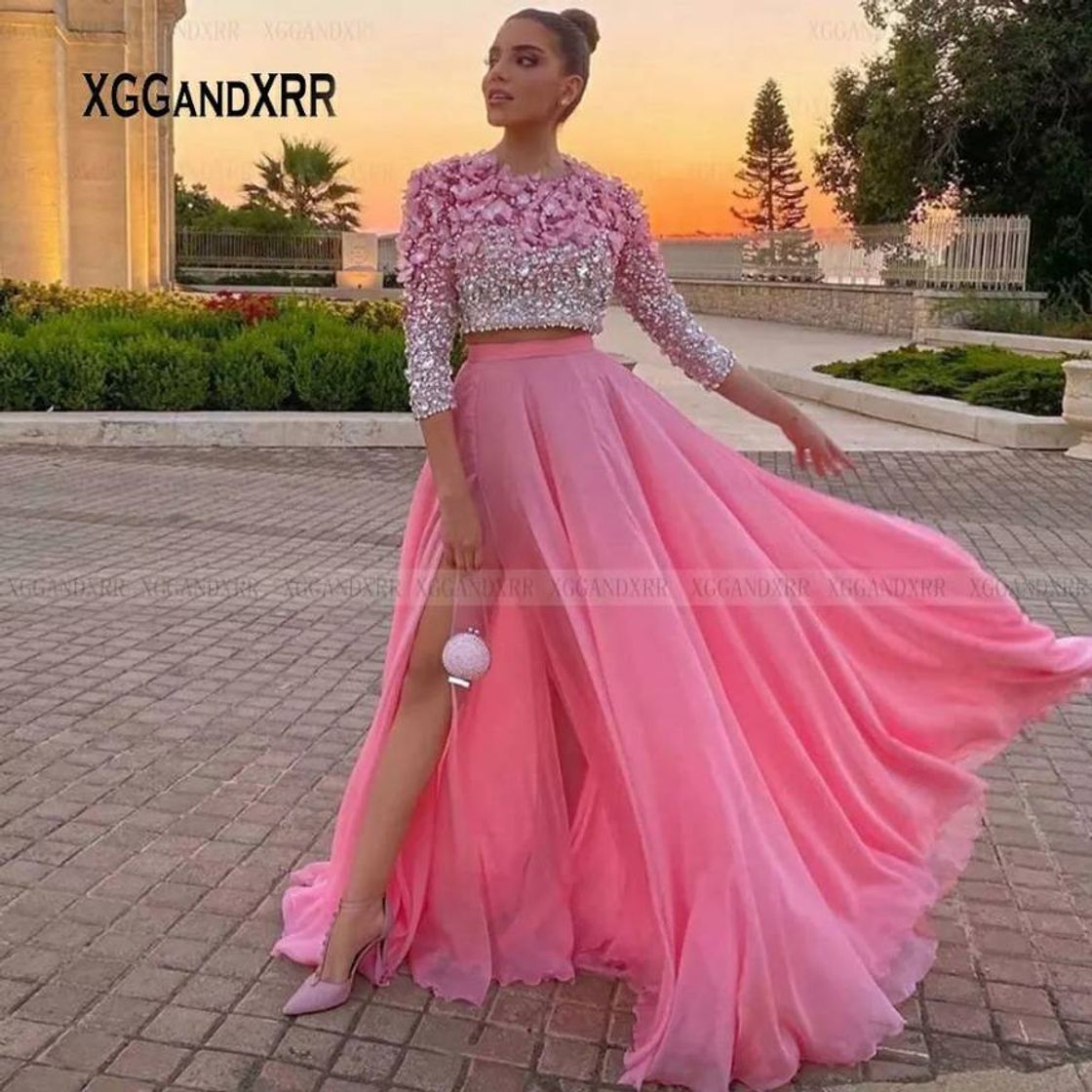 Na moda rosa duas peças vestido de baile luxo beading 