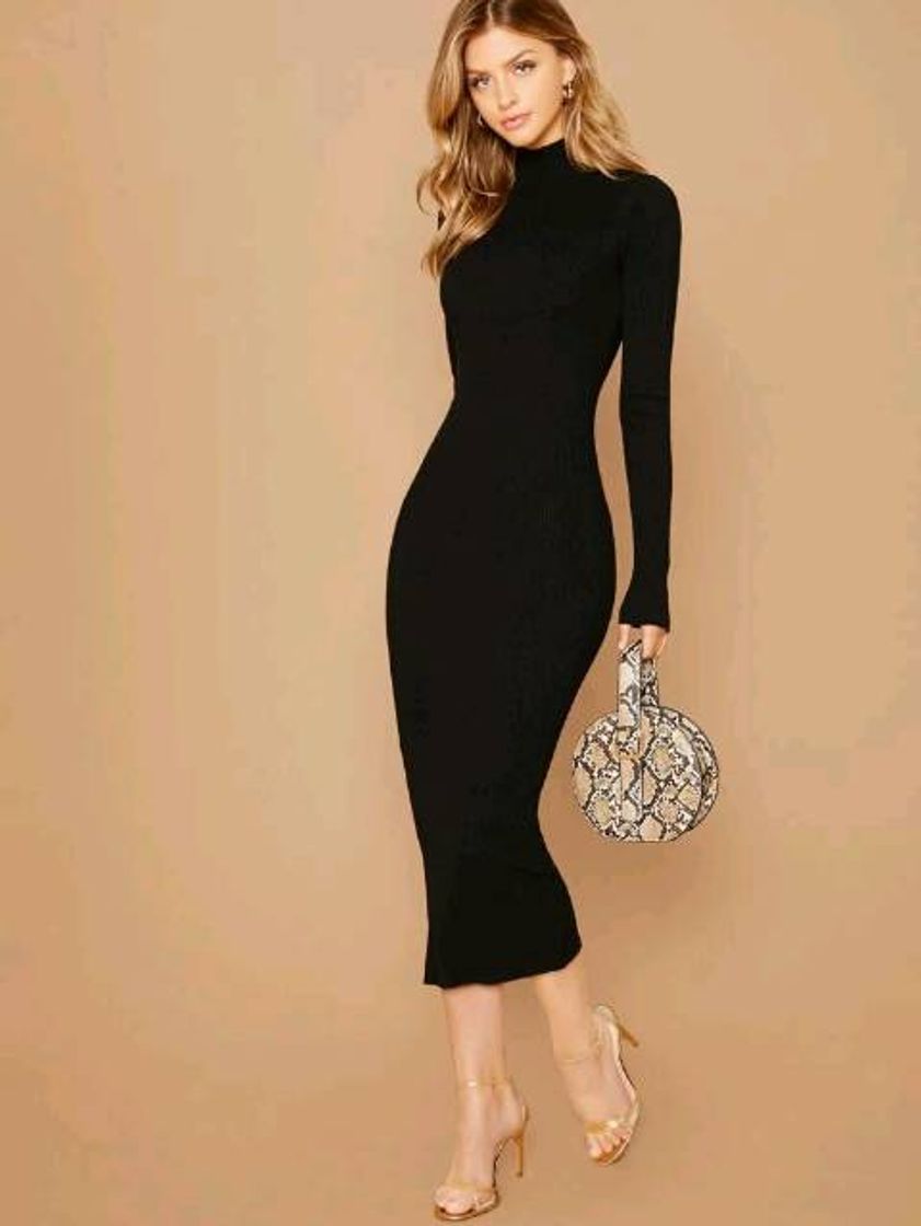 Fashion Vestido Preto Malhado Elegante