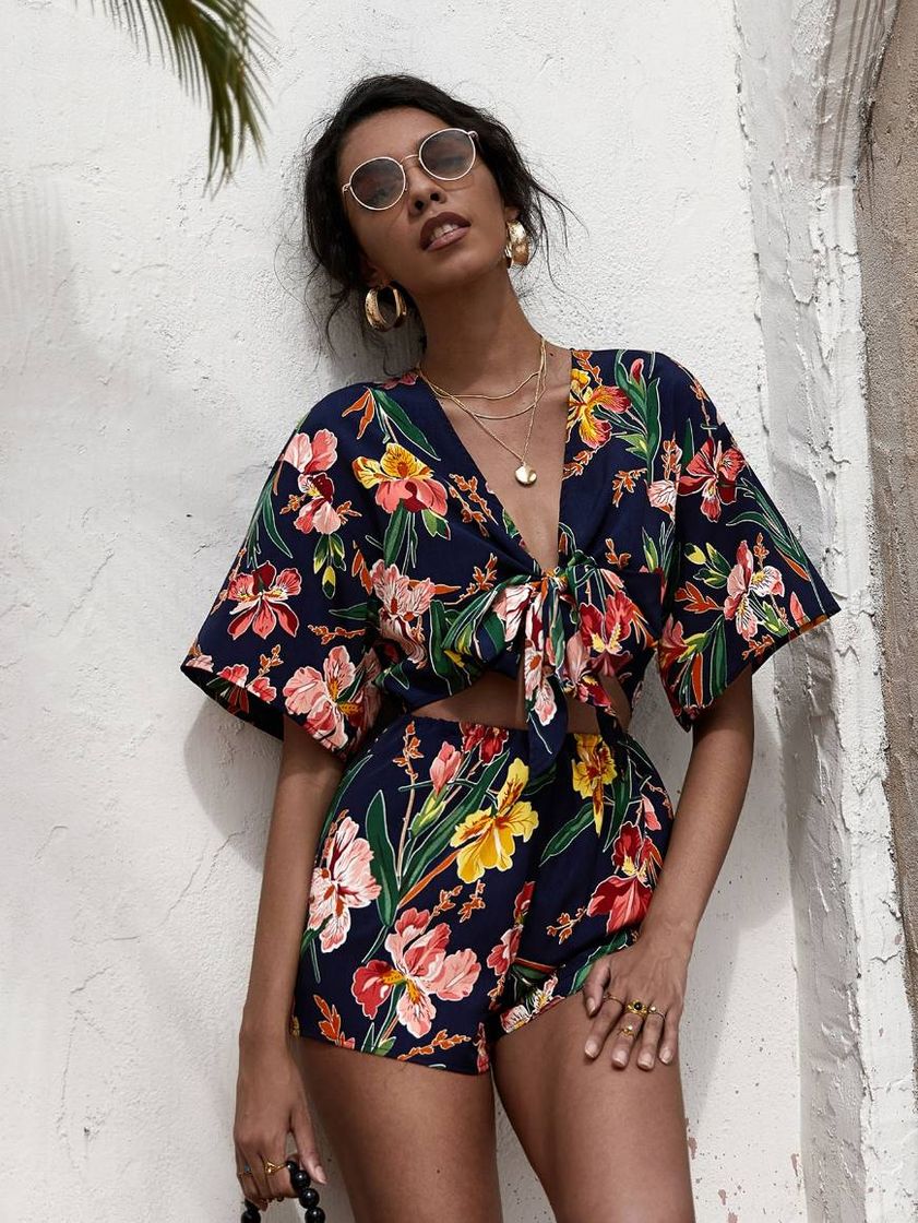 Moda Multicolorido nó na gola floral boho macacão 