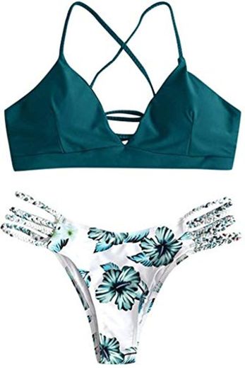 CheChury Conjunto de Bikini con Estampado de Girasol Moda Mujer 2020 brasileños Push Up Traje de bañode Dos Piezas con Encaje Trenzado