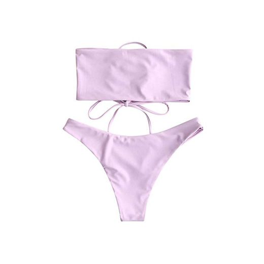 ZAFUL Conjunto de bikini de un solo color con cordones para mujer lavanda L