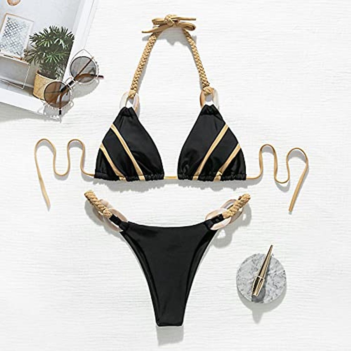 Moda Bikini Sexy para Mujer Bikini Halter Traje De Baño A Rayas Triángulo Femenino Conjunto De Bikini De Dos Piezas Traje De Baño De Punto para Mujer Biqui