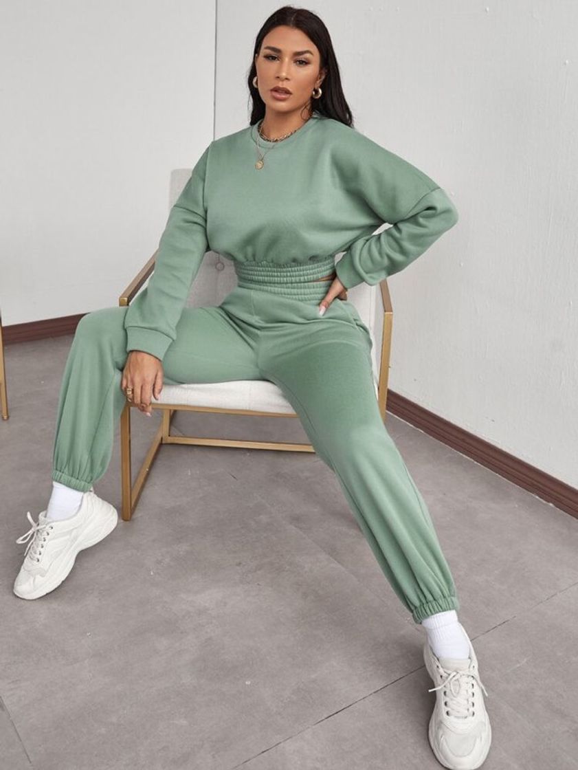 Moda Drop Shoulder Crop Thermal Pullover & Sweatpants Set | SHEIN USA