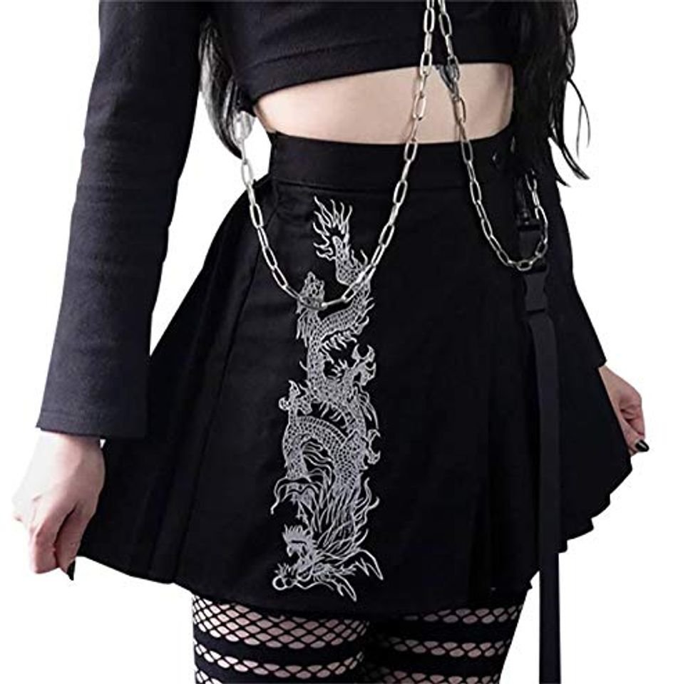 Fashion Black Dragon Graphic Punk Falda Mujer Cintura Alta Plisada Mini Faldas Escuela Falda Gótica