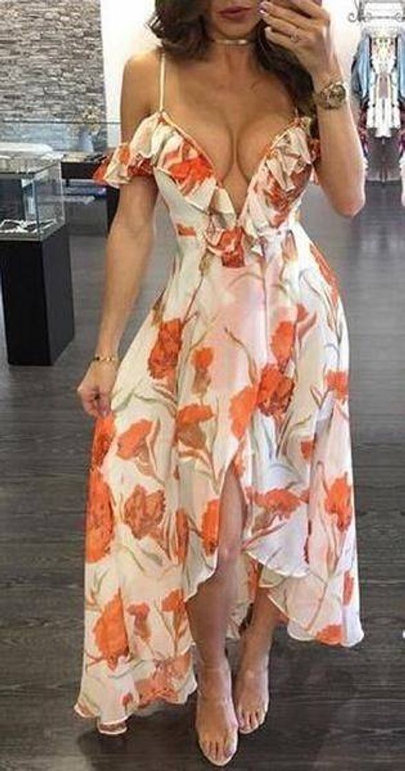 Fashion Vestido floral na cor laranja e branco