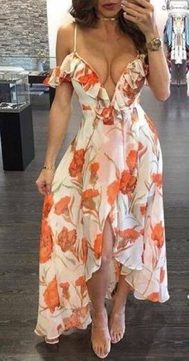 Vestido floral na cor laranja e branco