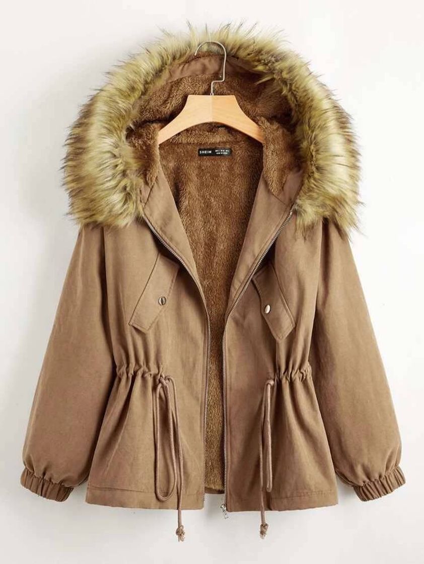 Fashion Zip Up Drawstring Waist Teddy Lined Faux Fur Trim Hooded Jacket