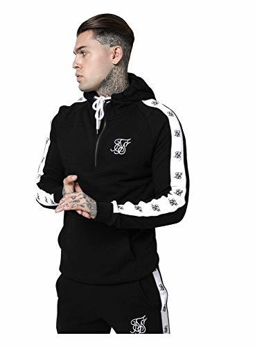 Moda Sik Silk Sudadera con Capucha 1/4 Zip Negro y Blanco