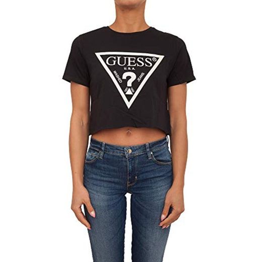 Guess Camiseta para Mujer, sin Barriguita - Crop-Top, Logotipo Impreso, Cuello Redondo,