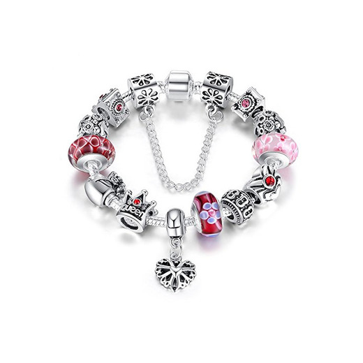 ATE Charm Pulsera Abalorios Corona Corazón Mujeres Cadena Seguridad JWB110