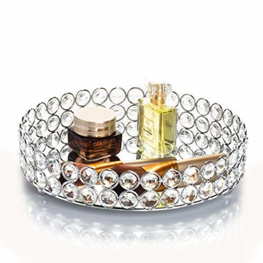 Feyarl Bandeja decorativa redonda con perlas de cristal y superficie espejada, para