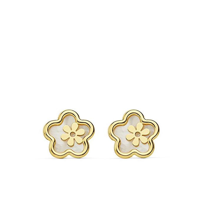 Social Pendientes de niña o mujer Oro Amarillo 18 ktes Flores nácar 8mm