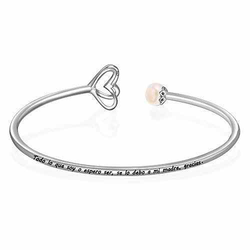 Fashion LOVORDS Brazalete Abierto Elástica Mujer Grabado Plata de Ley 925 Corazón Perla