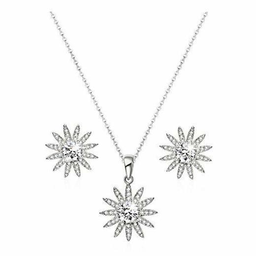 Conjunto de Joyas Brillantes Flor Diamante De Imitación Blanco Oro Plateado Collar