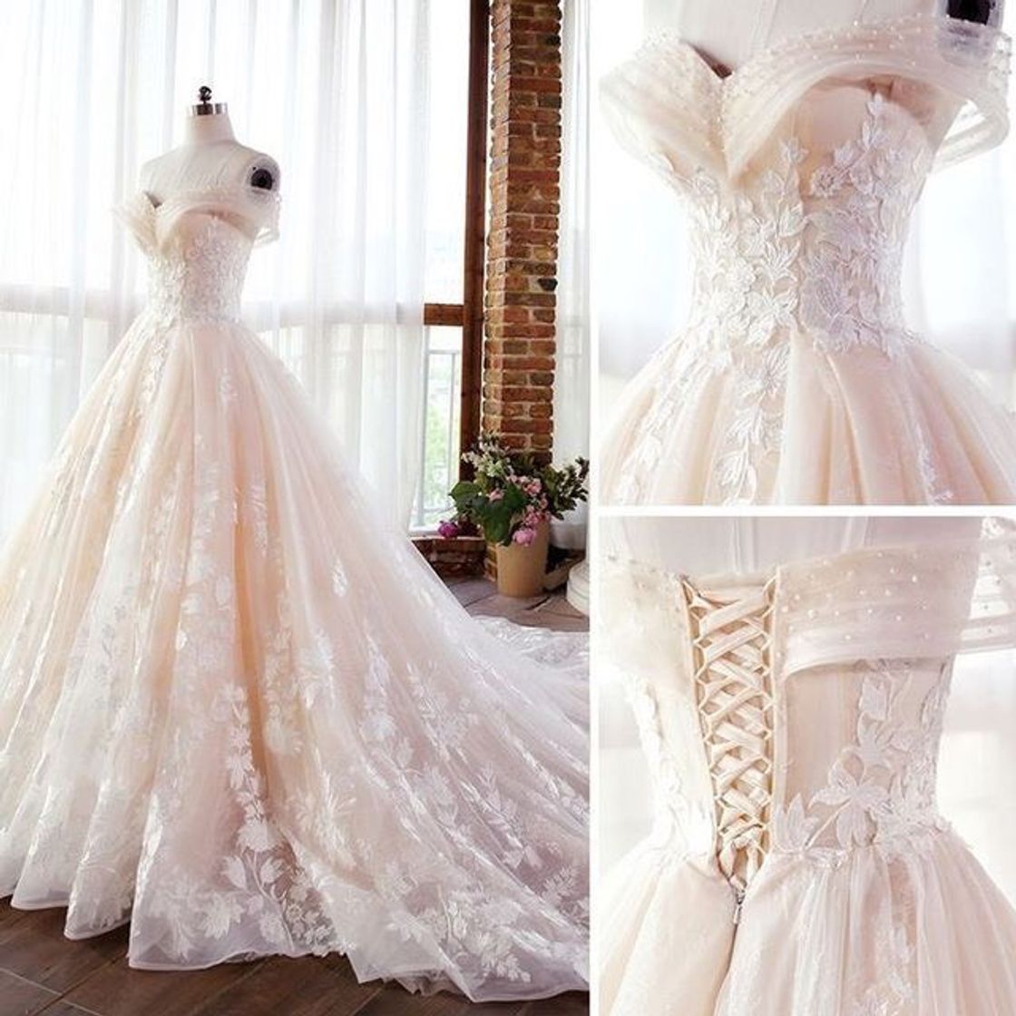 Fashion Elegant Champagne Wedding Dresses 2018 Ball Gown Lace