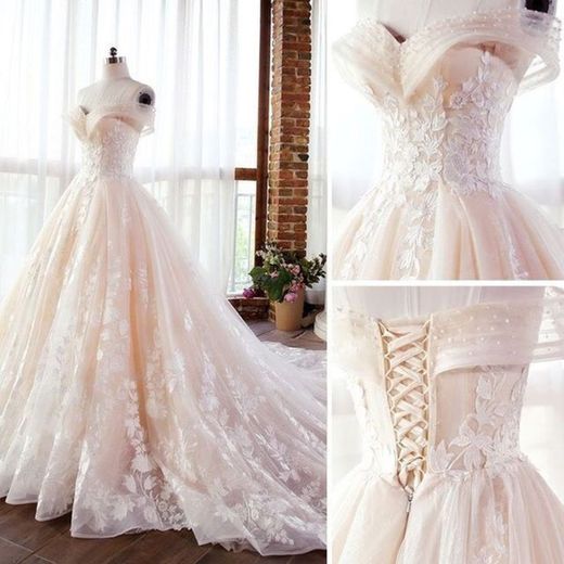 Elegant Champagne Wedding Dresses 2018 Ball Gown Lace
