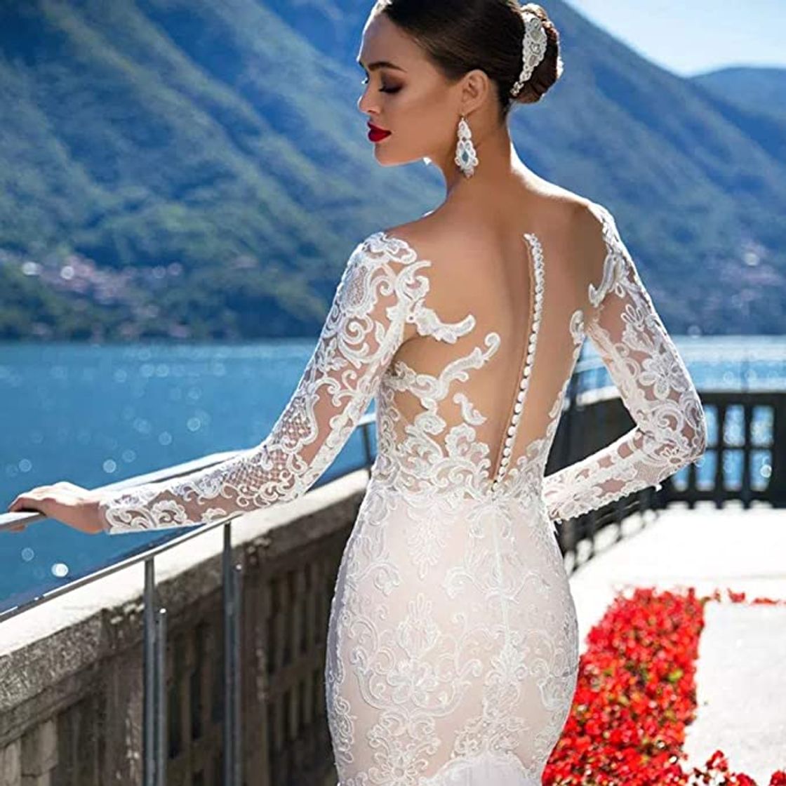 Social SWEETQT Vestido de Novia Vestido de Casamento Vestido de Novia de Sirena Vestido de Manga Larga Sexy Vestido de Noiva Sereia Vestido de Noche con Espalda Transparente