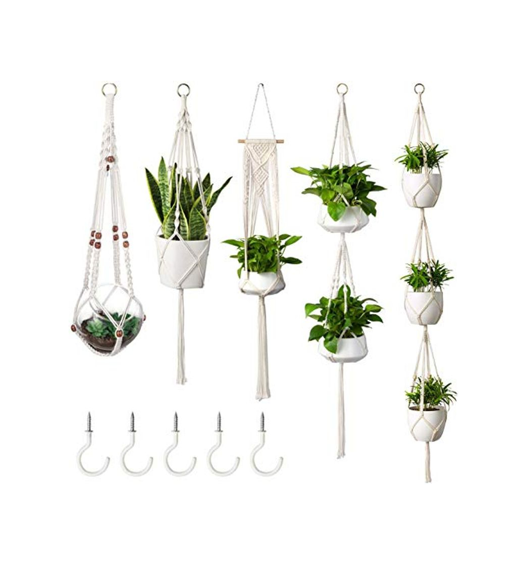 Product HB life Macramé Perchas de Plantas Set of 5 Jardinera para Colgar en Interiores Basket Titular de Maceta Decoración del hogar de latón Caja de Regalo