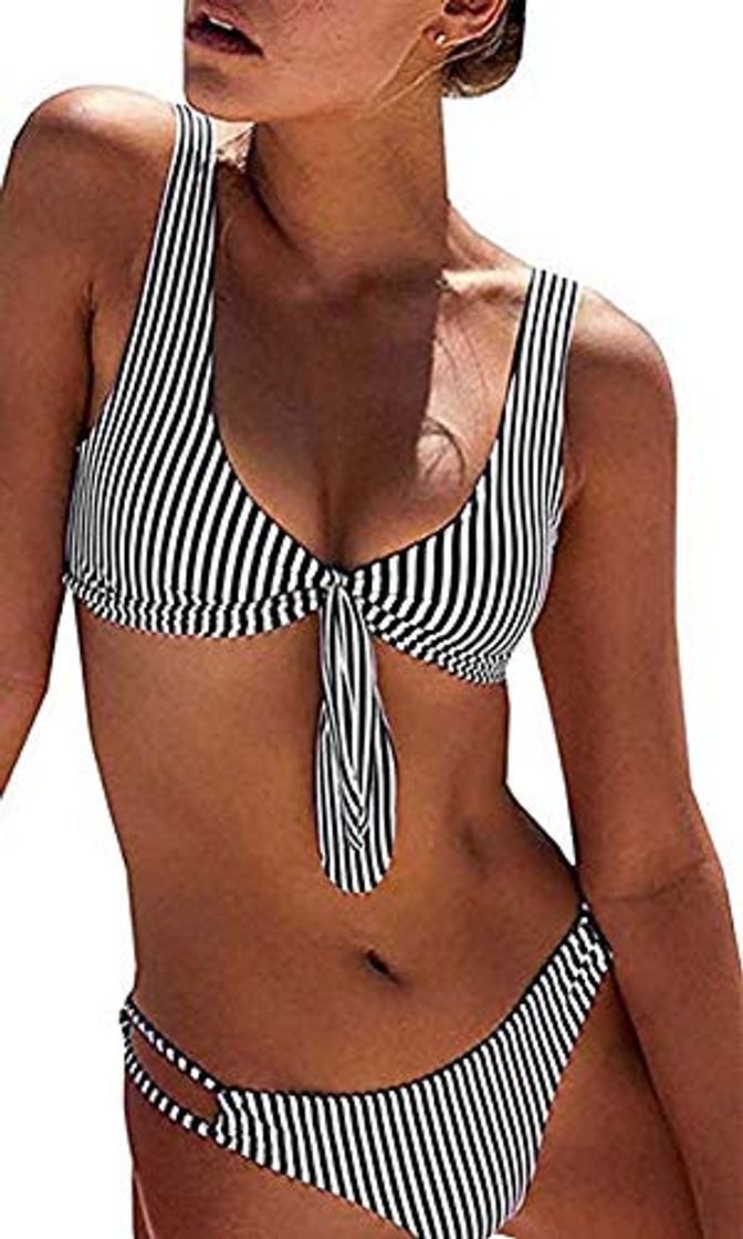 Social heekpek Bikini Mujer a Rayas Top Triángulo Relleno Braga con Tiras Laterales