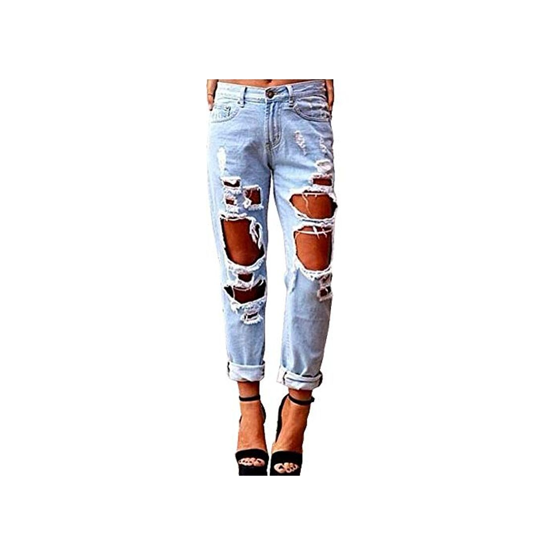 Moda Shaoyao Mujer Flacos De Cintura Alta Elásticos Skinny Slim Pantalones Vaqueros Rotos Agujero Jeans Casuales Azul Cielo M