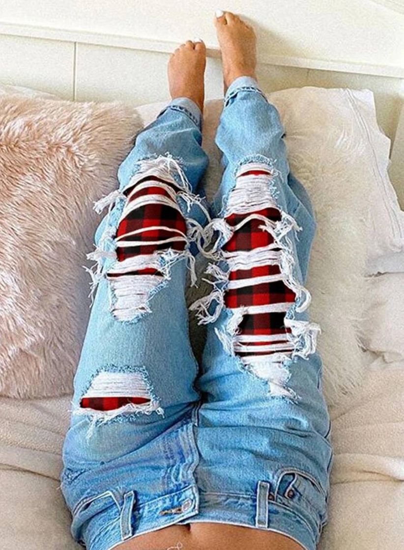 Social Women's Jeans Ripped Plaid Patch Mid Waist Jeans