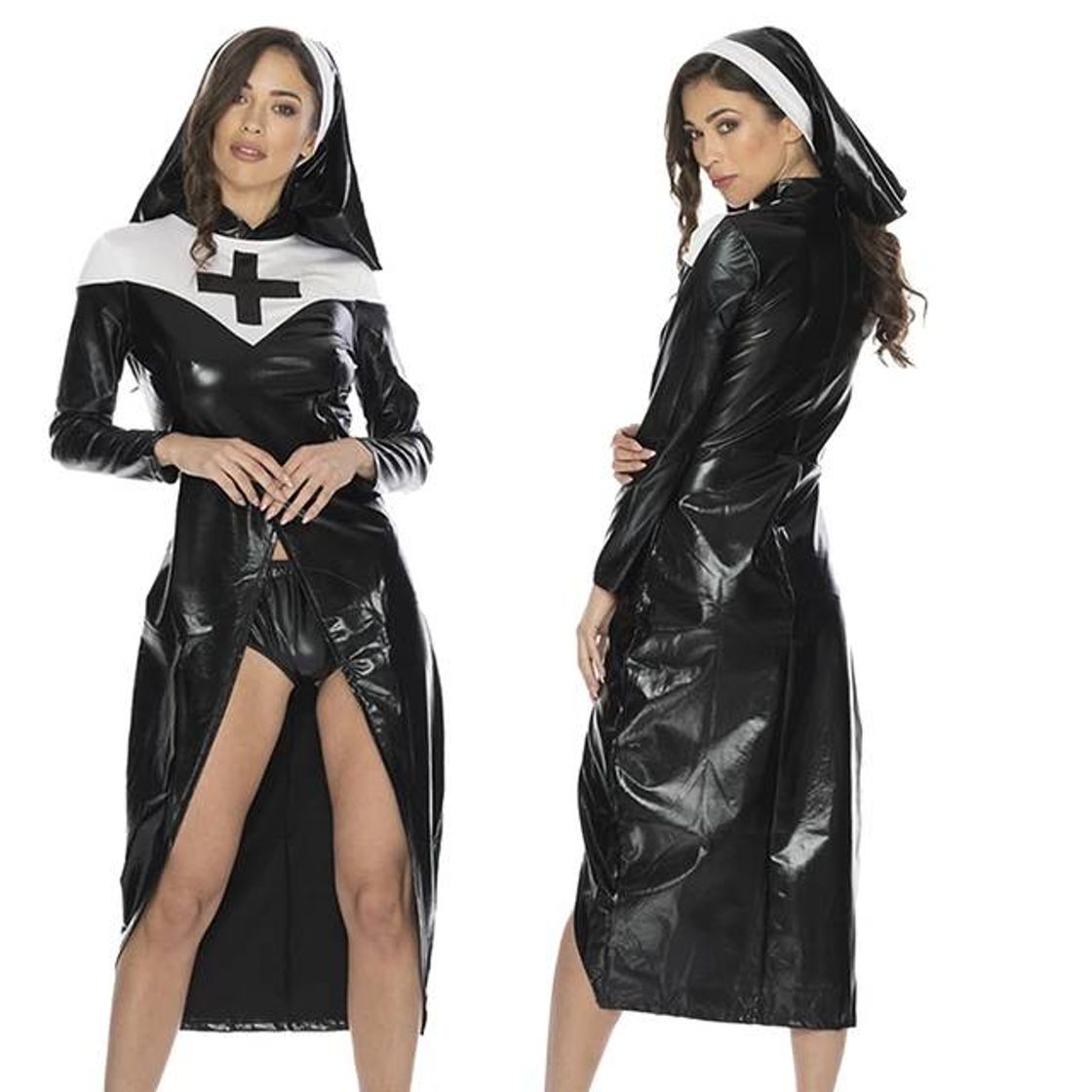 Moda Sexy PU Leather Black Virgin Mary Nuns Costumes Adult Nuns C