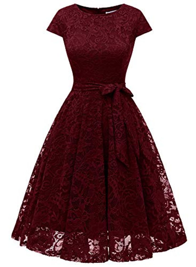 Social MUADRESS Vestido Cóctel Corto Encaje Plisado A-Línea con Cinturón Y Manga Corta