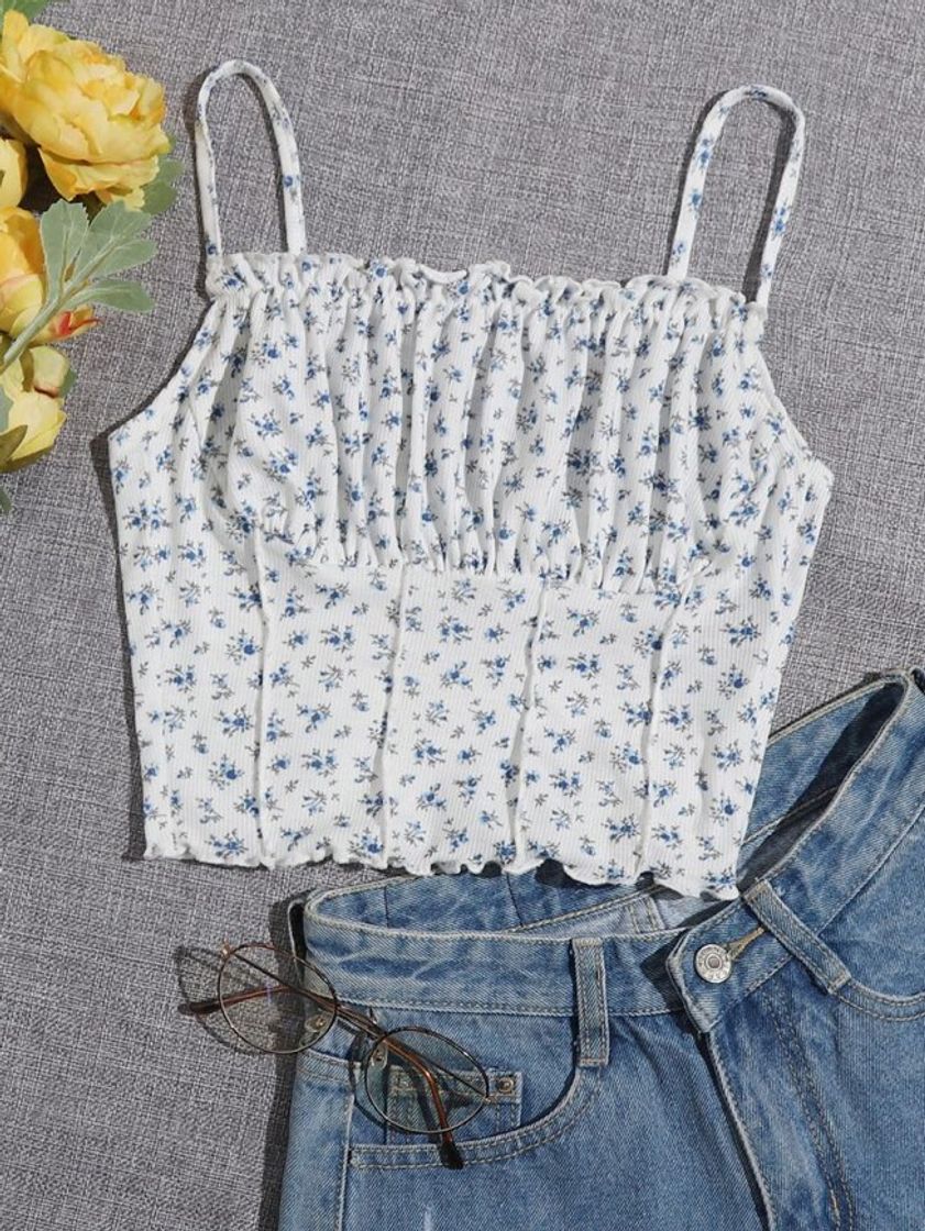 Moda SHEIN Floral Pregueado Com Acabamento Em Suspensório Curto