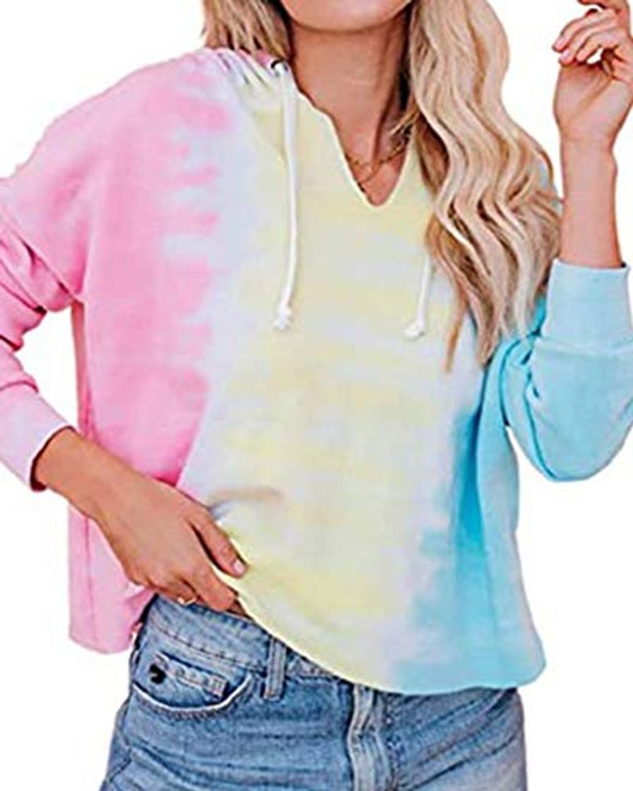 Fashion heekpek Sudadera con Capucha Mujer Tie Dye Sudaderas Mujer V Cuello Casual Pullover Hoodie Tops Moda Sweatshirt Camiseta Manga Larga Mujer