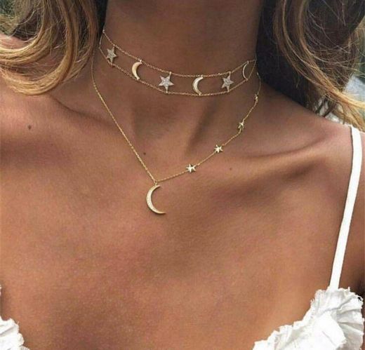 Kit Conjunto Colar e Choker Feminino Dourado Estrelas e Lua