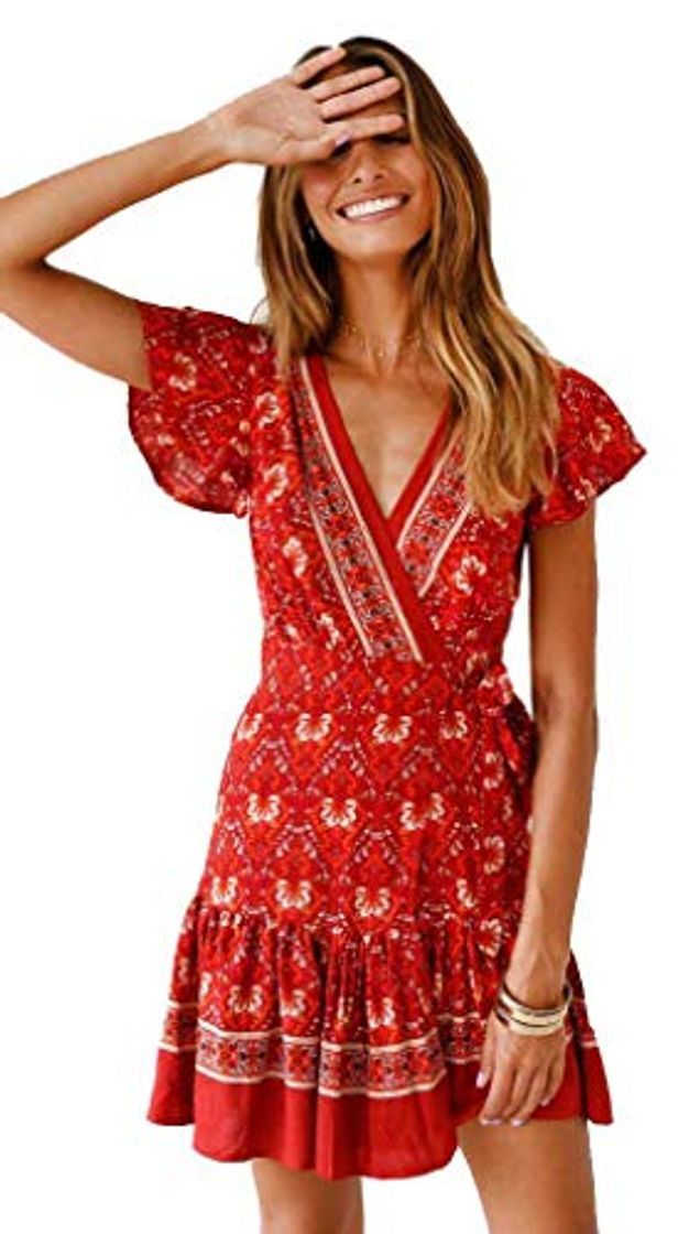 Vestido Playa de Mujer，Manga Corta Cuello en v Envolver La Flor Falda