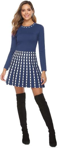 Hawiton Vestido de Punto para Mujer Elegante Vestido de Suéter de Cuello Alto Jersey de Manga Larga de Una Línea para Otoño Invierno