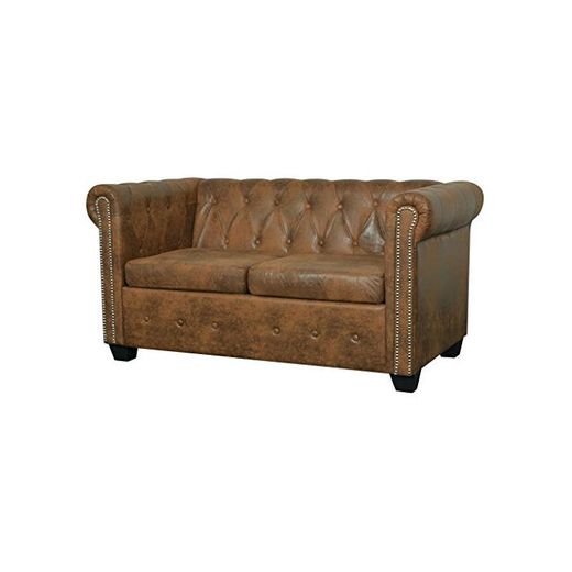 vidaXL Sofá Chesterfield 2 Plaza Cuero Artificial Marrón Sillón Asiento Mueble