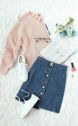 Casual clothing - light pink sweater and jeans skirt