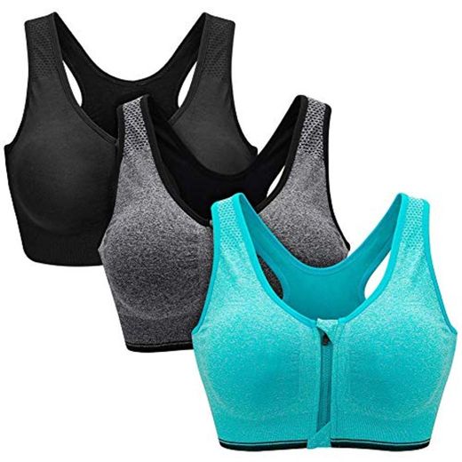 ZOEREA Sujetador Cierre Delantero Deportivo para Mujer Gimnasio Ropa con Almohadillas Extraíbles para Correr Sin Costuras Yoga Fitness 3 Piezas