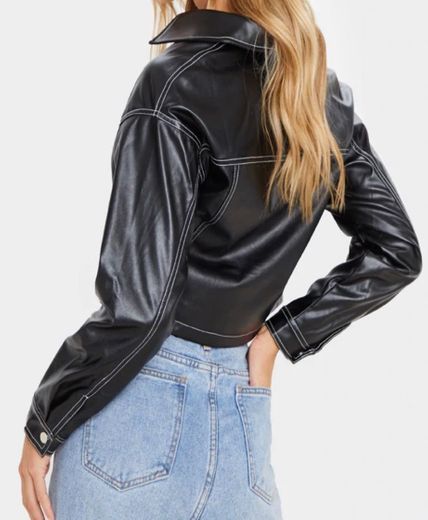 Black Faux Leather Contrast Stitch Crop Jacket