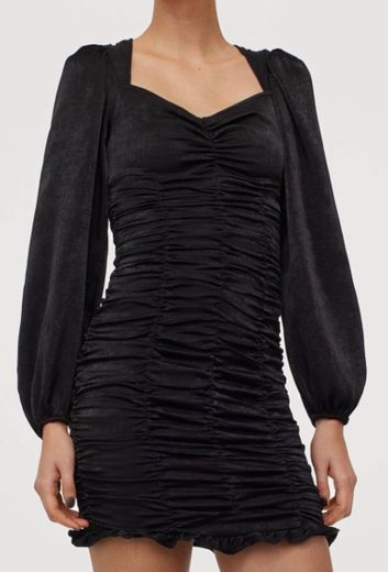 Vestido franzido em cetim - Preto - SENHORA | H&M PT