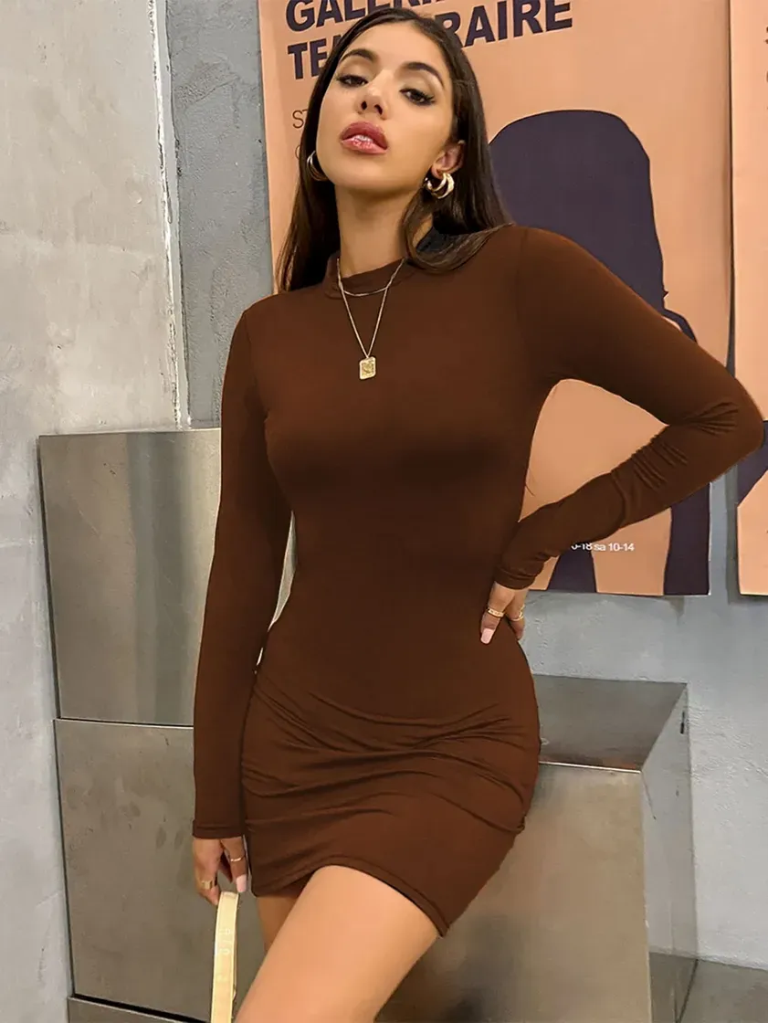 Moda Mock Neck Solid Bodycon Dress