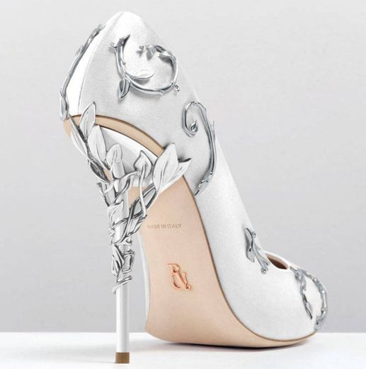 White Satin Eden Pumps with Silver Leaves 