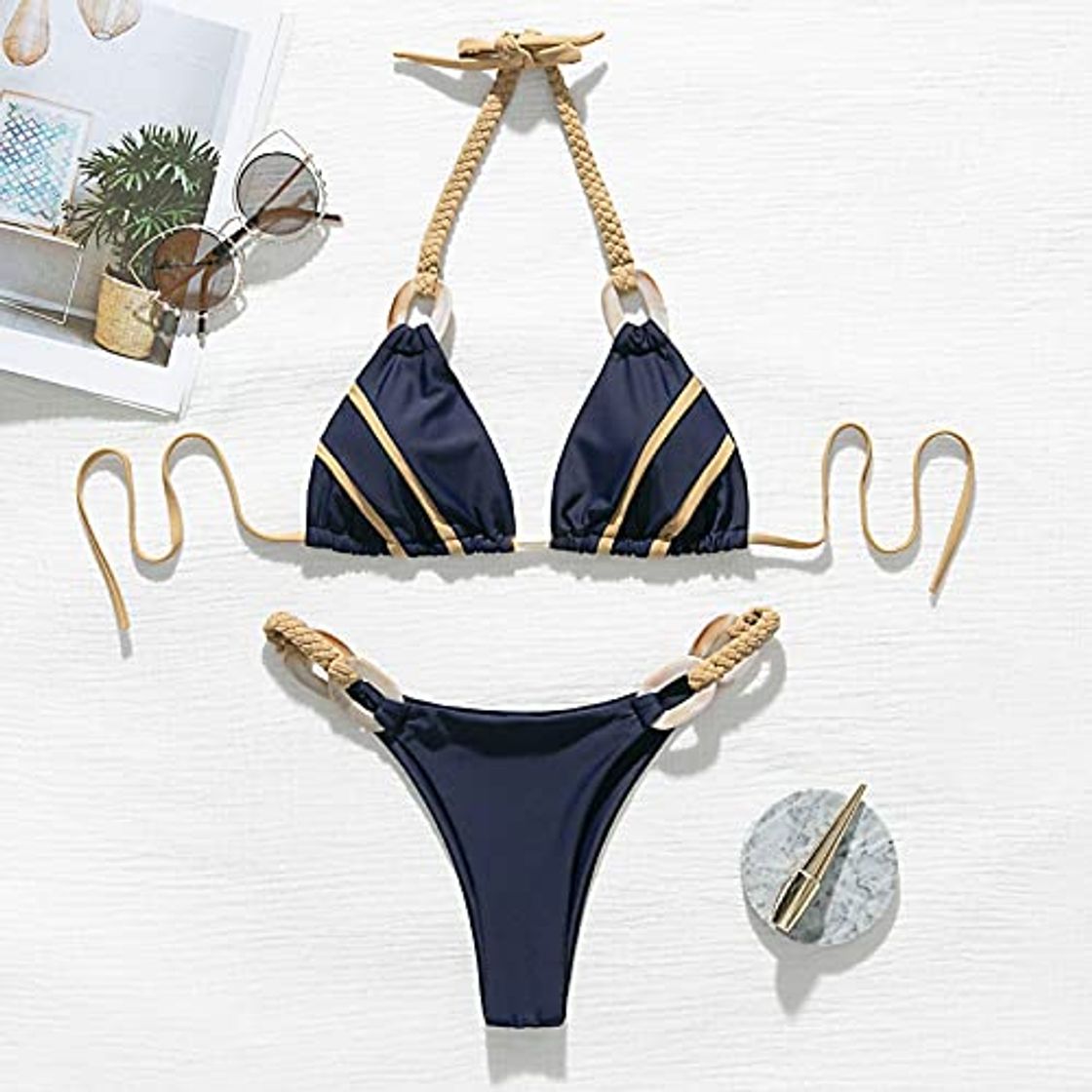 Social Bikini Sexy para Mujer Bikini Halter Traje De Baño A Rayas Triángulo Femenino Conjunto De Bikini De Dos Piezas Traje De Baño De Punto para Mujer Biqui