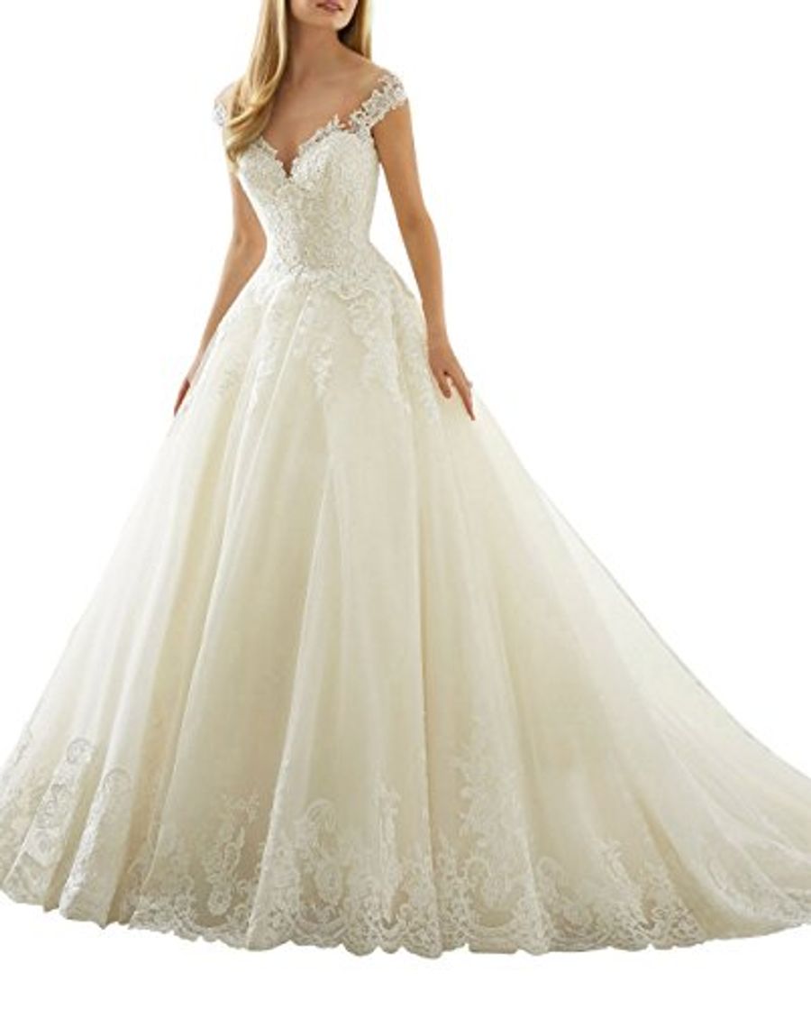 Social XUYUDITA Scoop Cuello de Hombro de Encaje Vintage A-Line Vestidos de Novia