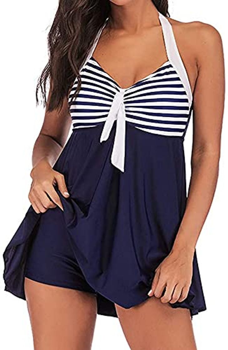 Fashion LINGZE Conjunto Feminino de Cor Block listrado Estampado com Tiras Tankini Conjuntos Fato de banho com Shorts maiôs Feminina Plus Size Costura Conservadora Bow Split maiô Saia de banho