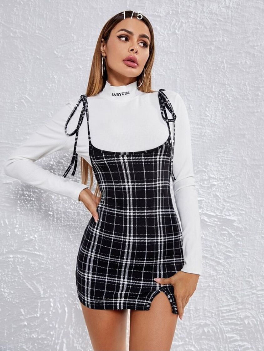 Fashion Knot Shoulder Split Hem Plaid Overall Dress for Sale Australia