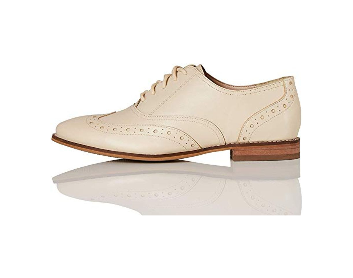 Moda Marca Amazon - FIND Leather Zapatos de Cordones Brogue, Marfil