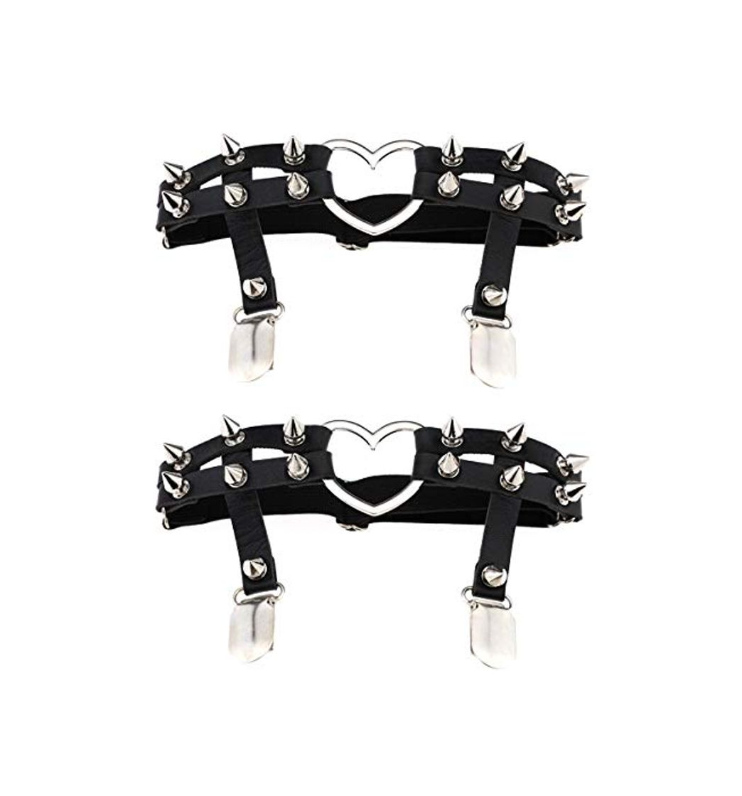 Moda Women Girl Sexy Leather Heart Garters Punk Rock Rivet Stud Leg Ring 2pcs