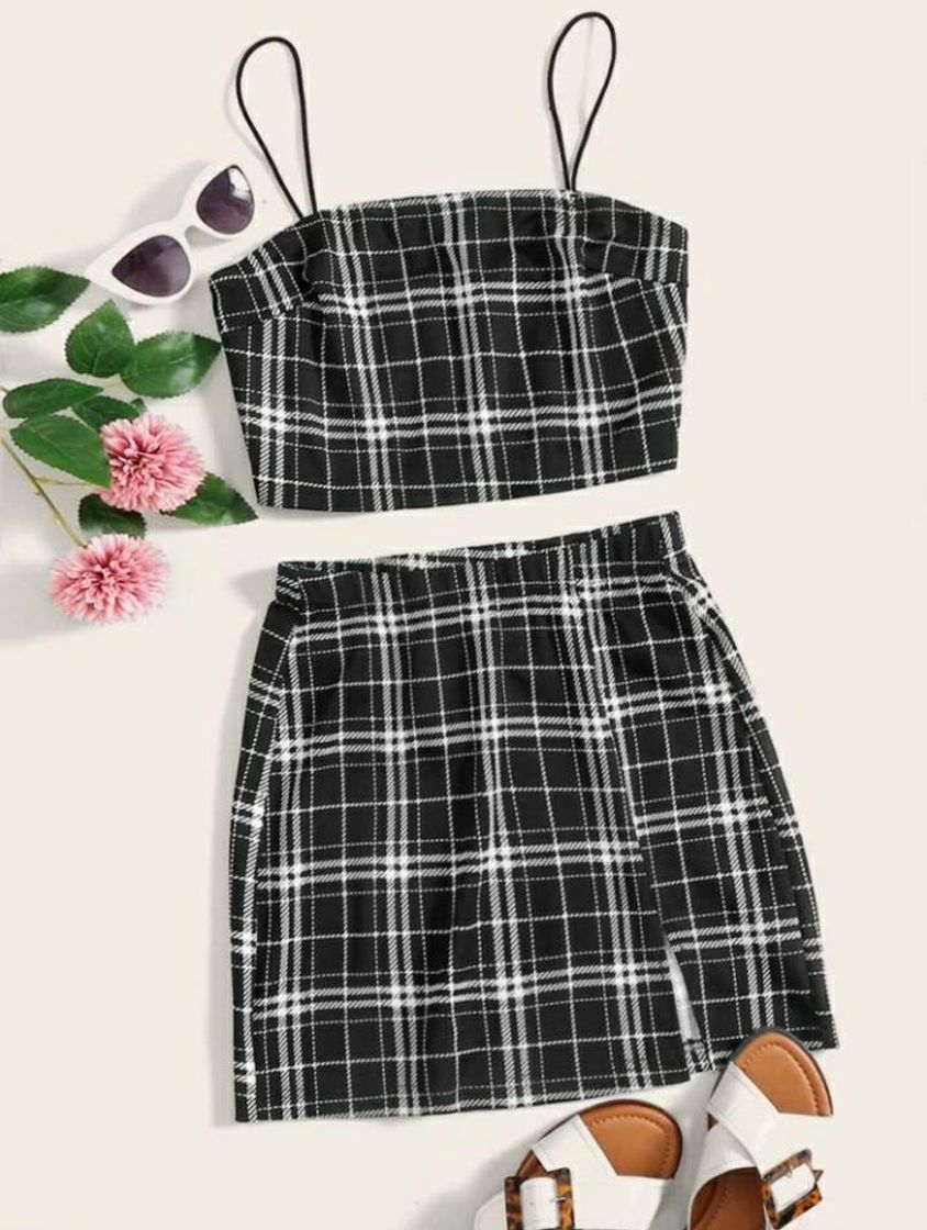 Fashion Tartan Cami Top & Split Hem Skirt Set for Sale Australia