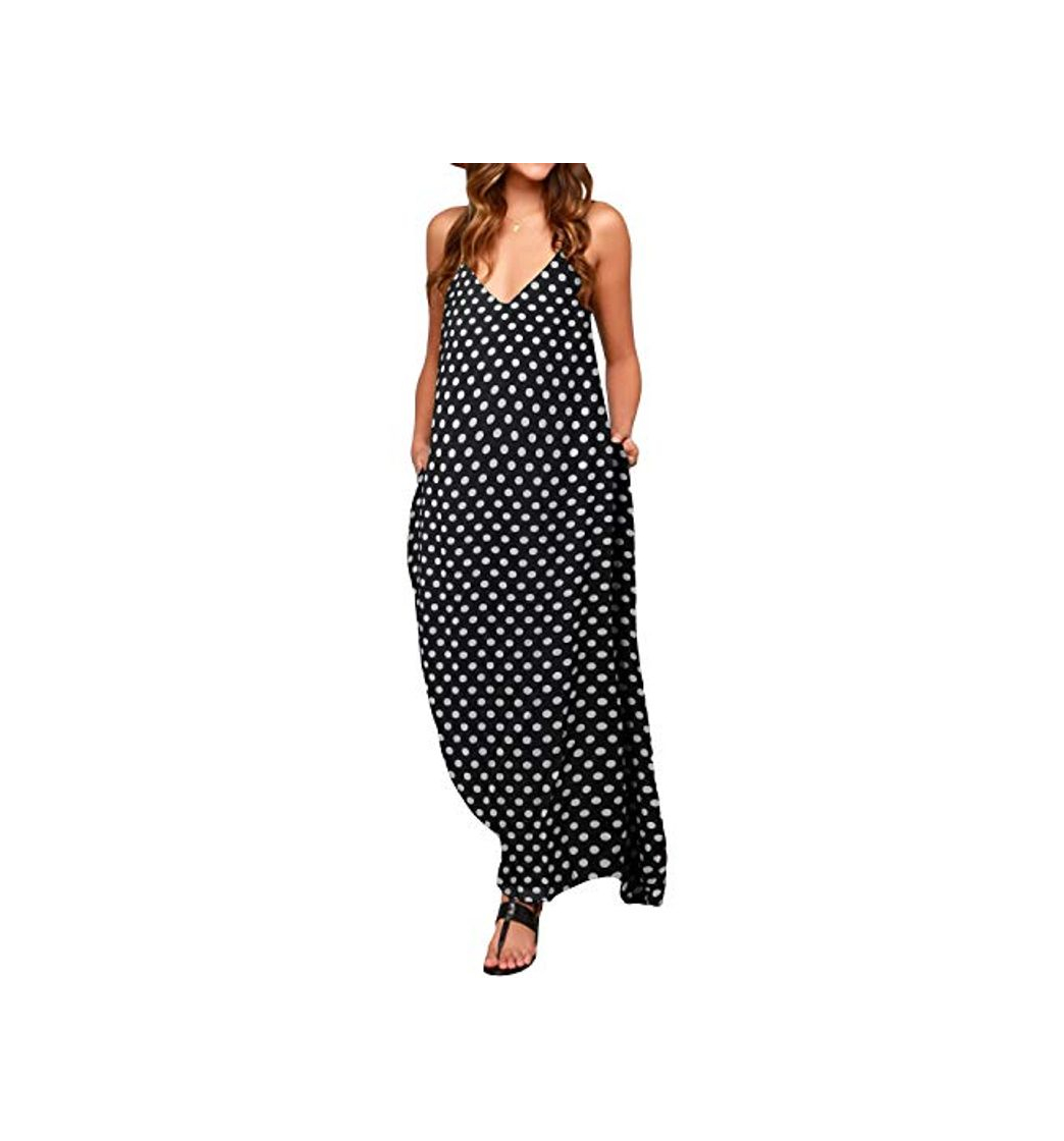 Social ZANZEA Mujeres Elegante Bohemio Algodón Casual Vestido Suelto Largo Playa Lunares Cuello V sin Mangas Negro EU 48