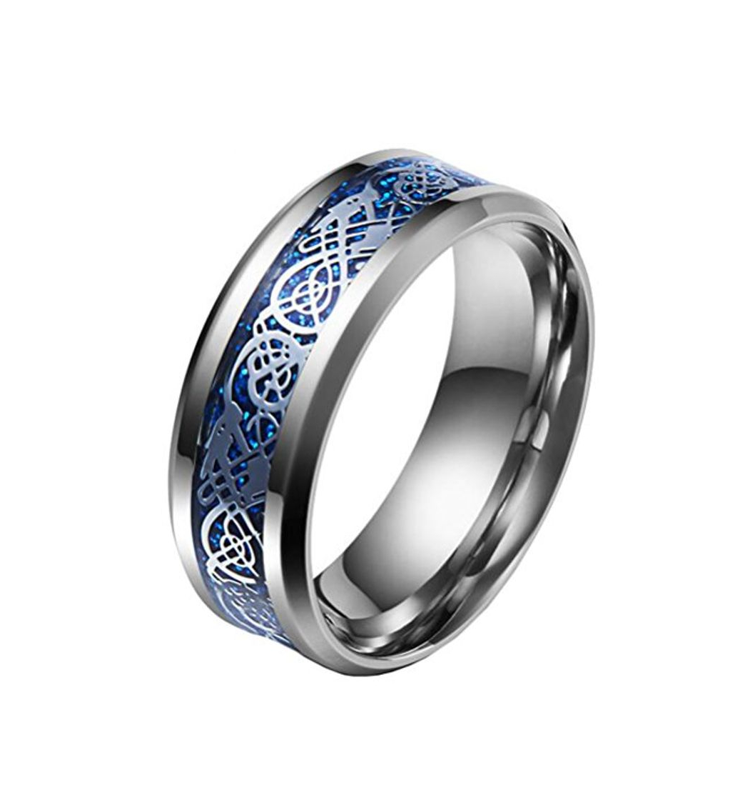 Fashion HIJOJES Hombre Dragón Celtaazul De Fibra De Carbono Plata Anillo Acero Inoxidable Boda Banda 8MM Tamaño 19