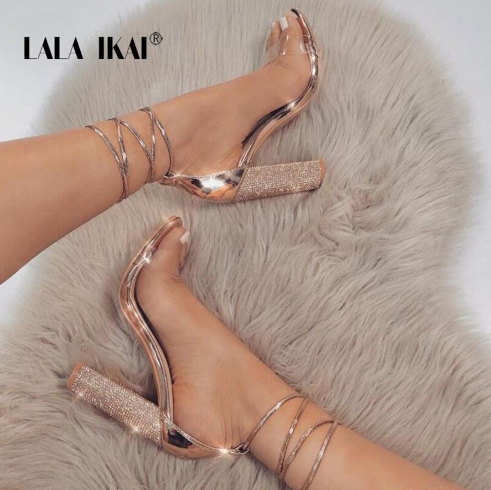 Moda LALA IKAI Women Heeled Sandals Bandage Rhinestone Ankle